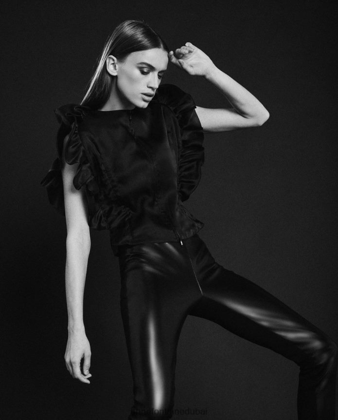 ملابس عبد اللطيف Anne Fontaine نحيف بلوزة من البورسلين وقميص حريري بدون أكمام مزين بتفاصيل مكشكشة أسود T622DL204