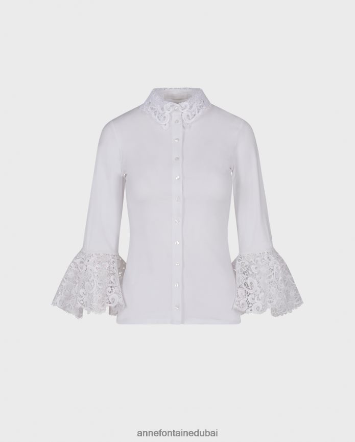 ملابس عبد اللطيف Anne Fontaine نحيف قميص لانا قميص قطني مع تفاصيل دانتيل مطرزة أبيض T622DL205