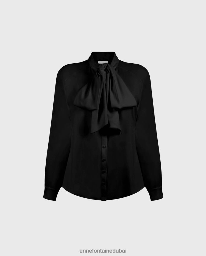 ملابس عبد اللطيف Anne Fontaine نحيف قميص سانتانا قميص كريب مع ياقة ربطة عنق معقودة أسود T622DL208