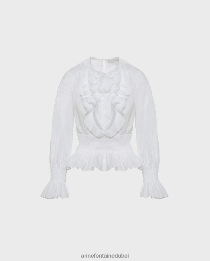 ملابس عبد اللطيف Anne Fontaine نحيف بلوزة عايدة من قماش البوبلين بخصر مكشكش أبيض T622DL209