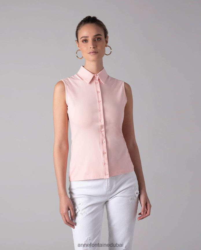 ملابس عبد اللطيف Anne Fontaine نحيف قميص نواج بدون أكمام، قميص جيرسي بأزرار البتلة الوردية T622DL211