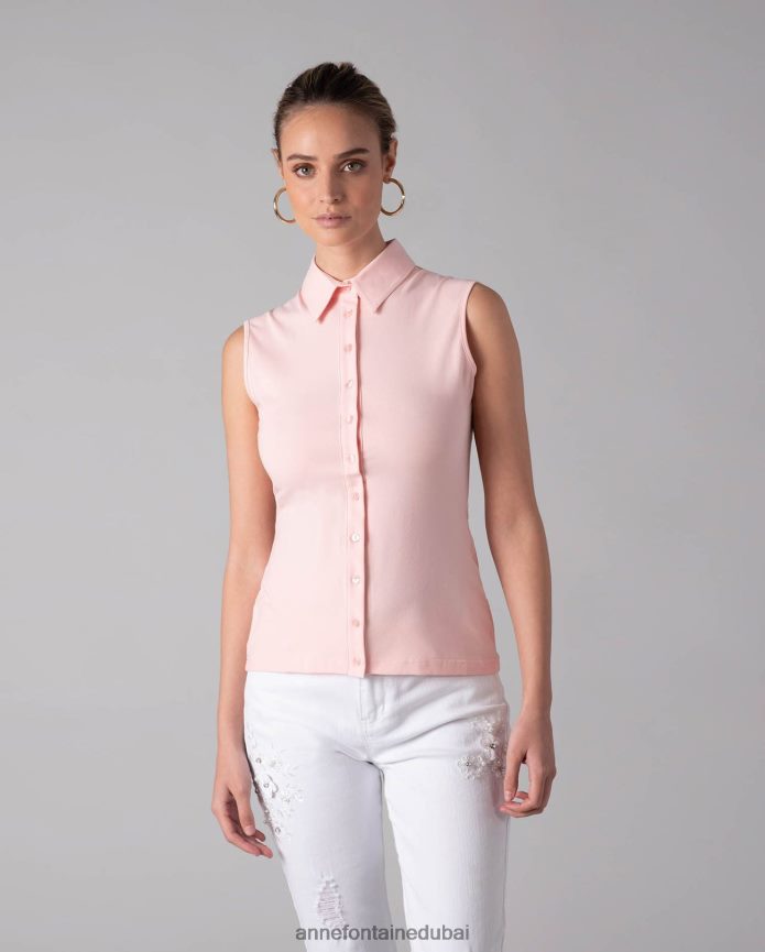 ملابس عبد اللطيف Anne Fontaine نحيف قميص نواج بدون أكمام، قميص جيرسي بأزرار البتلة الوردية T622DL211