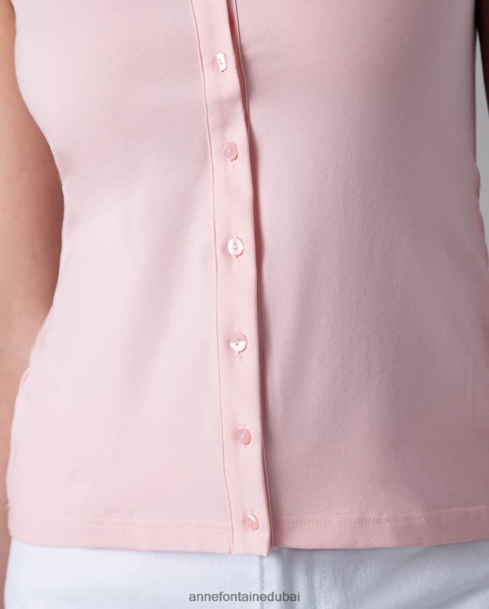 ملابس عبد اللطيف Anne Fontaine نحيف قميص نواج بدون أكمام، قميص جيرسي بأزرار البتلة الوردية T622DL211