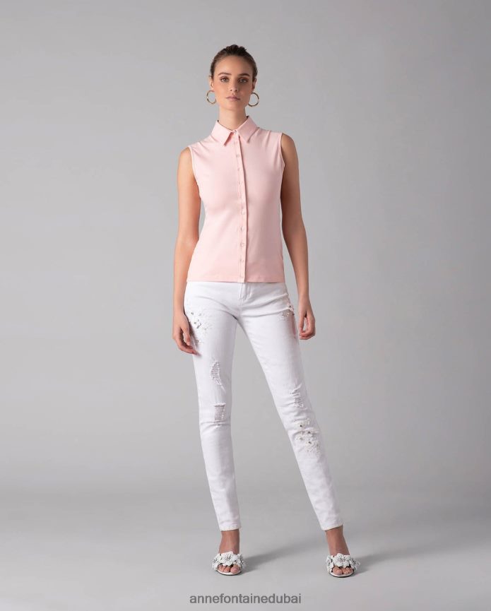 ملابس عبد اللطيف Anne Fontaine نحيف قميص نواج بدون أكمام، قميص جيرسي بأزرار البتلة الوردية T622DL211