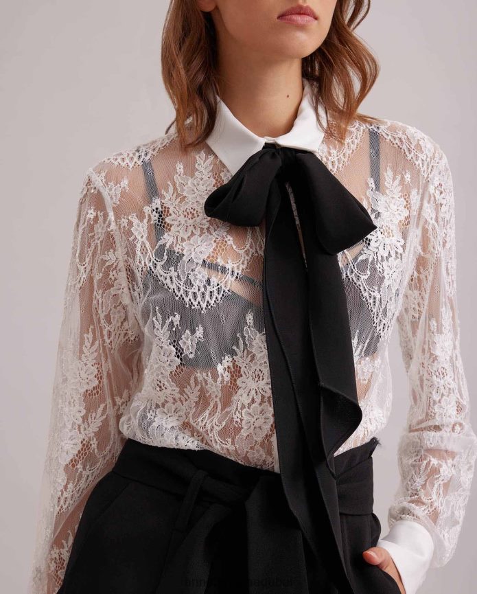 ملابس عبد اللطيف Anne Fontaine نحيف قميص ليون قميص من الدانتيل الزهري مع ربطة عنق من الكريب قابلة للإزالة أسود/أبيض T622DL213