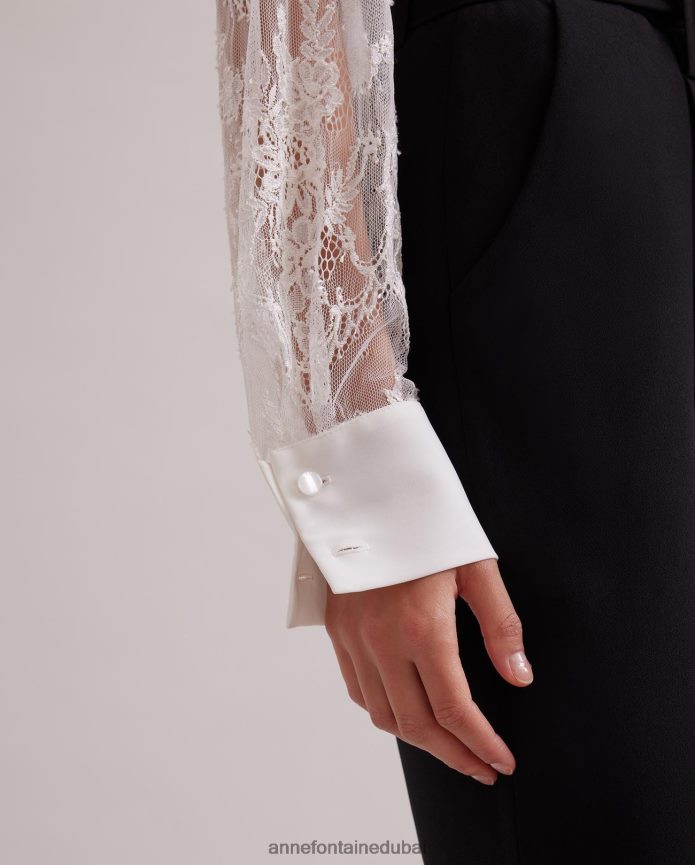 ملابس عبد اللطيف Anne Fontaine نحيف قميص ليون قميص من الدانتيل الزهري مع ربطة عنق من الكريب قابلة للإزالة أسود/أبيض T622DL213