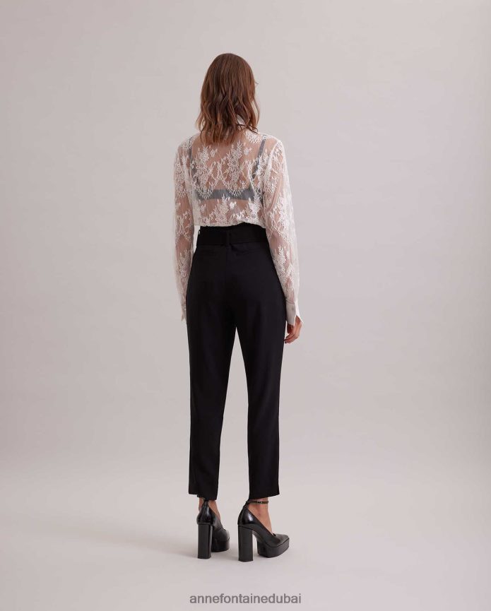 ملابس عبد اللطيف Anne Fontaine نحيف قميص ليون قميص من الدانتيل الزهري مع ربطة عنق من الكريب قابلة للإزالة أسود/أبيض T622DL213