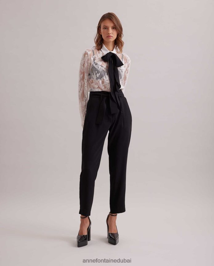 ملابس عبد اللطيف Anne Fontaine نحيف قميص ليون قميص من الدانتيل الزهري مع ربطة عنق من الكريب قابلة للإزالة أسود/أبيض T622DL213