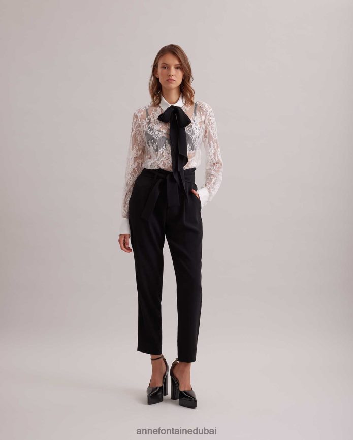 ملابس عبد اللطيف Anne Fontaine نحيف قميص ليون قميص من الدانتيل الزهري مع ربطة عنق من الكريب قابلة للإزالة أسود/أبيض T622DL213