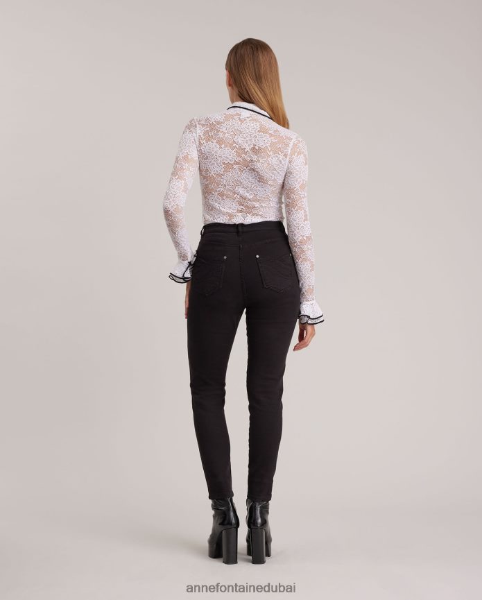 ملابس عبد اللطيف Anne Fontaine نحيف قميص أكاديميا بأكمام طويلة ودانتيل مزين بالزهور مع فتحة وأكمام مكشكشة أبيض T622DL214