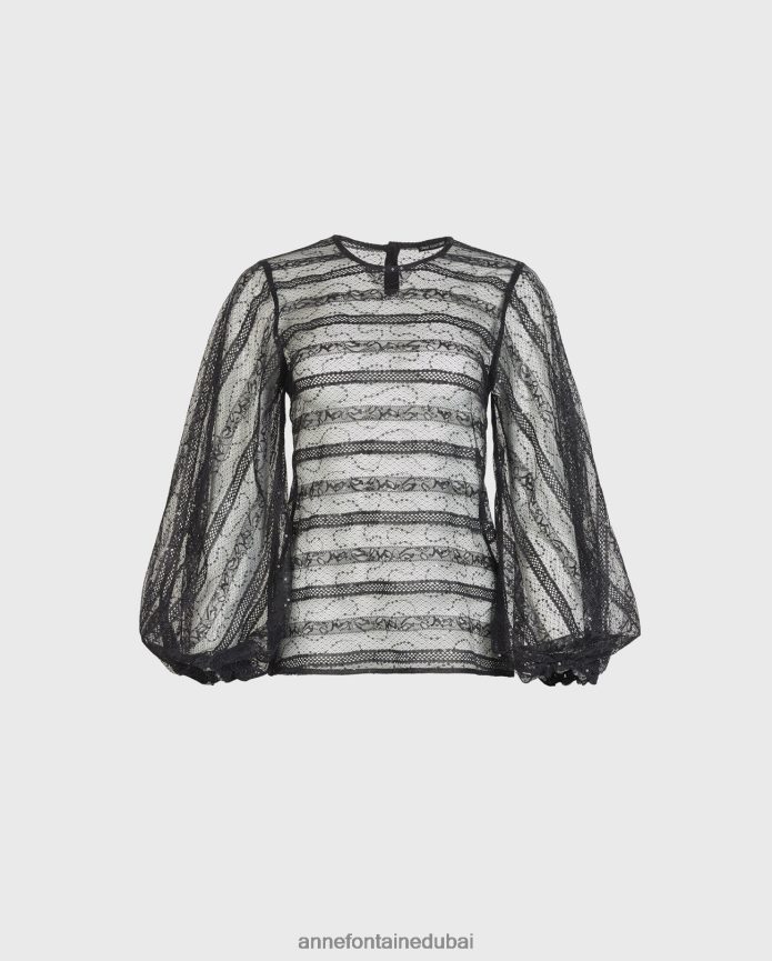 ملابس عبد اللطيف Anne Fontaine نحيف بلوزة رومانسية من الدانتيل الشفاف مع تفاصيل أفقية شبكية وترتر متناغم أسود T622DL215
