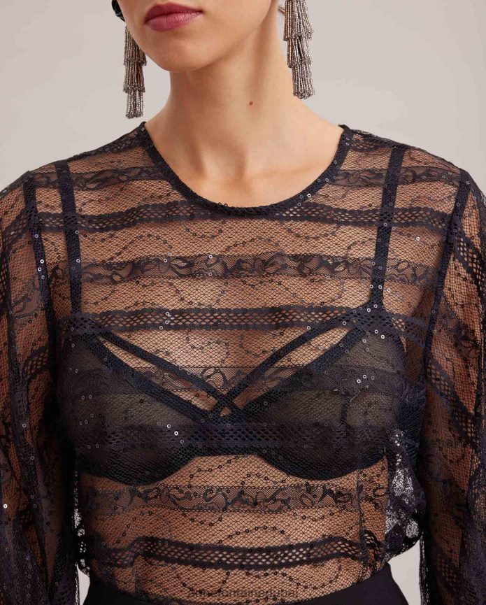 ملابس عبد اللطيف Anne Fontaine نحيف بلوزة رومانسية من الدانتيل الشفاف مع تفاصيل أفقية شبكية وترتر متناغم أسود T622DL215