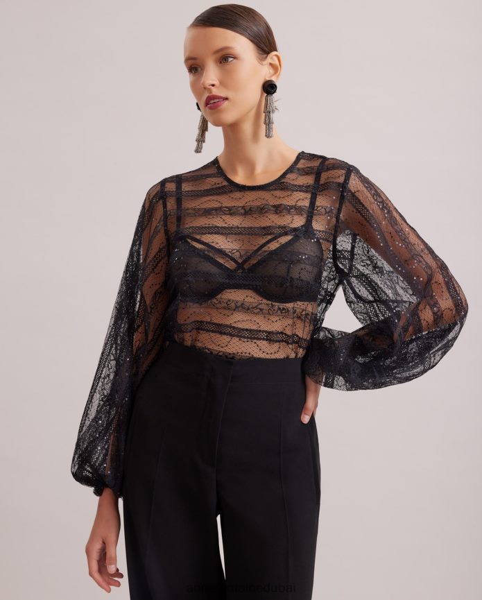 ملابس عبد اللطيف Anne Fontaine نحيف بلوزة رومانسية من الدانتيل الشفاف مع تفاصيل أفقية شبكية وترتر متناغم أسود T622DL215