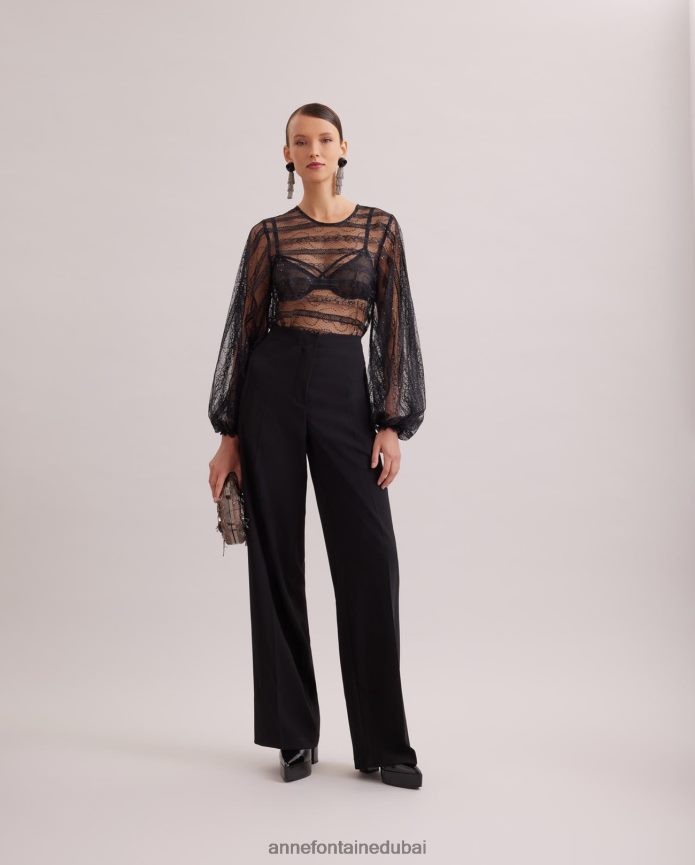 ملابس عبد اللطيف Anne Fontaine نحيف بلوزة رومانسية من الدانتيل الشفاف مع تفاصيل أفقية شبكية وترتر متناغم أسود T622DL215