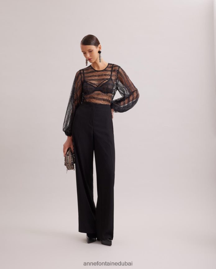 ملابس عبد اللطيف Anne Fontaine نحيف بلوزة رومانسية من الدانتيل الشفاف مع تفاصيل أفقية شبكية وترتر متناغم أسود T622DL215