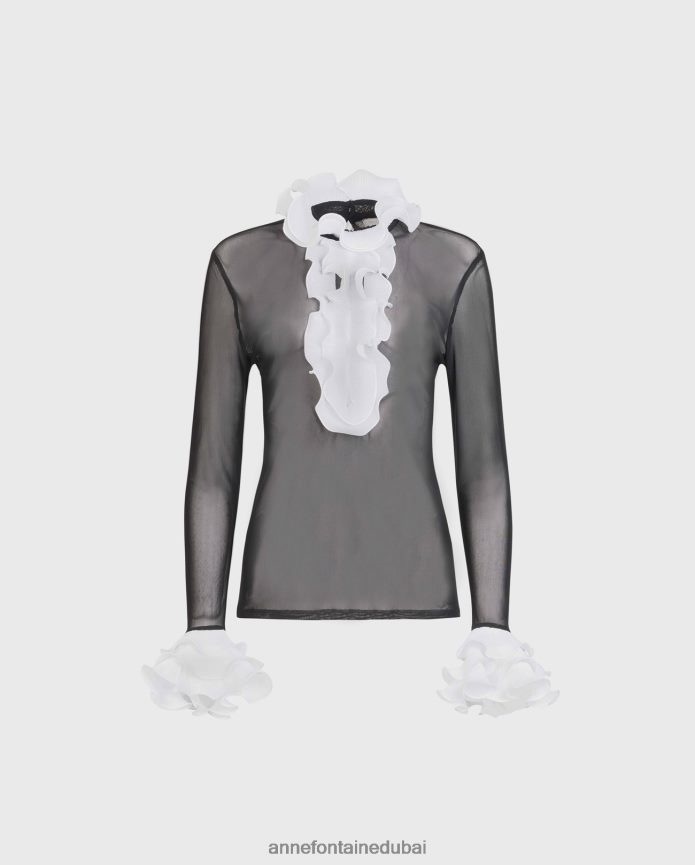 ملابس عبد اللطيف Anne Fontaine نحيف قميص بلوفر شفاف مع حواف كشكشة ذات ثنيات متباينة أبيض T622DL216