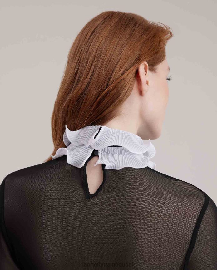 ملابس عبد اللطيف Anne Fontaine نحيف قميص بلوفر شفاف مع حواف كشكشة ذات ثنيات متباينة أبيض T622DL216