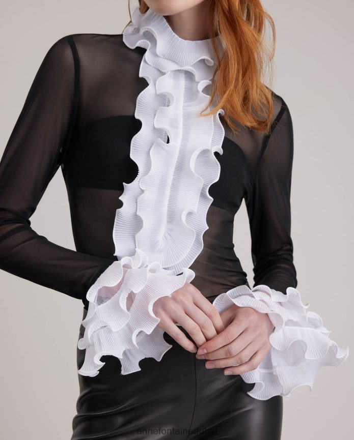 ملابس عبد اللطيف Anne Fontaine نحيف قميص بلوفر شفاف مع حواف كشكشة ذات ثنيات متباينة أبيض T622DL216