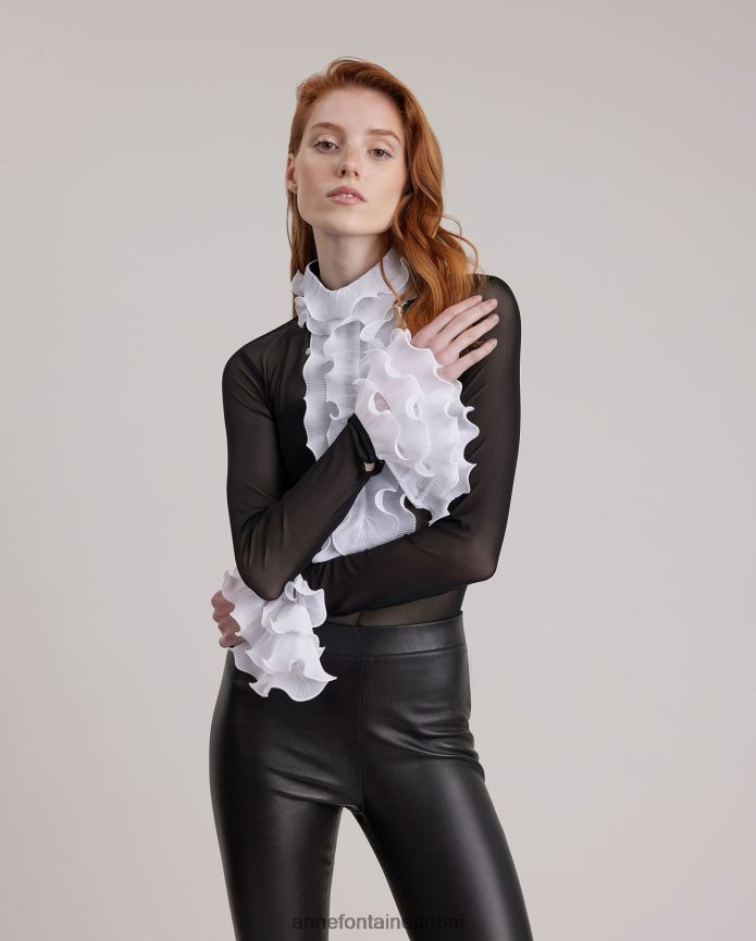 ملابس عبد اللطيف Anne Fontaine نحيف قميص بلوفر شفاف مع حواف كشكشة ذات ثنيات متباينة أبيض T622DL216