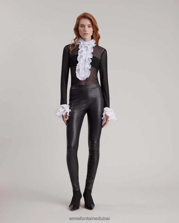 ملابس عبد اللطيف Anne Fontaine نحيف قميص بلوفر شفاف مع حواف كشكشة ذات ثنيات متباينة أبيض T622DL216