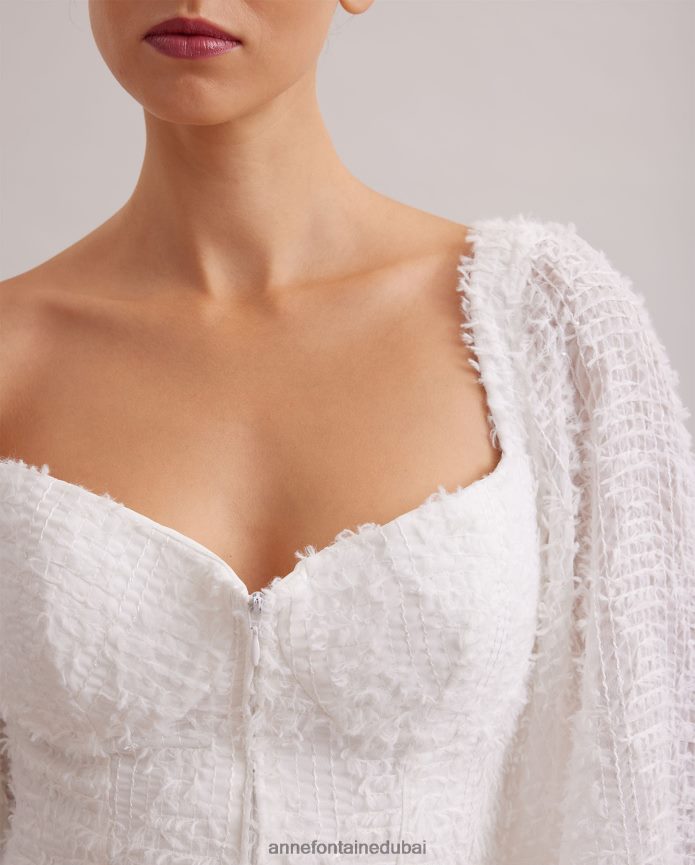 ملابس عبد اللطيف Anne Fontaine نحيف بلوزة ريشية بأكمام منفوخة وقميص على طراز الكورسيه أبيض T622DL219