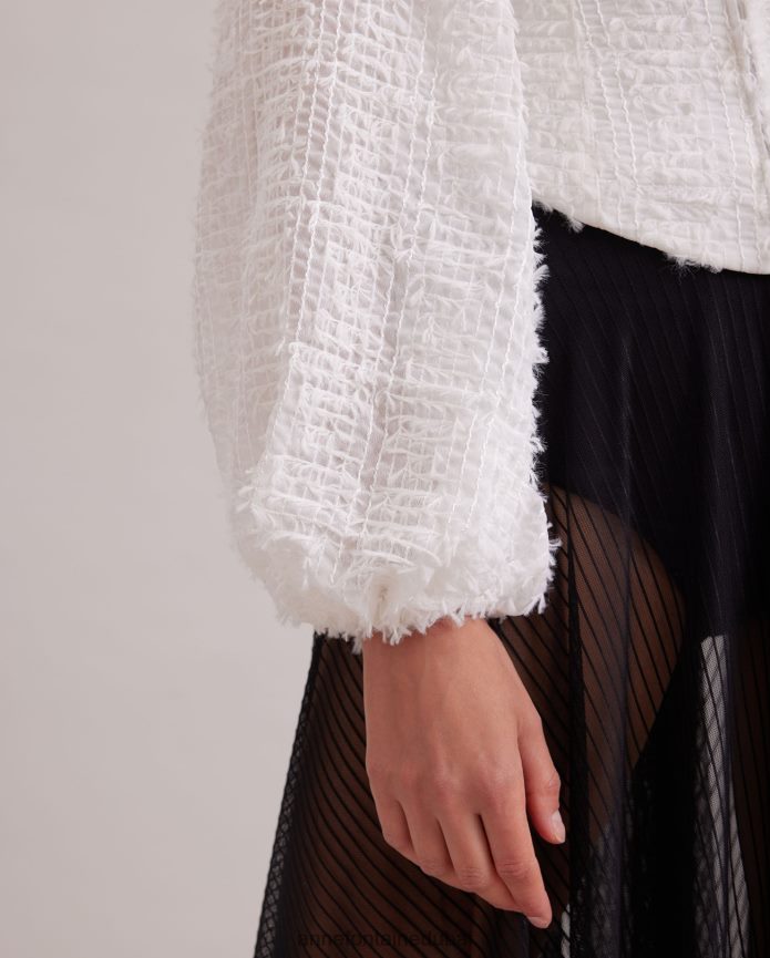 ملابس عبد اللطيف Anne Fontaine نحيف بلوزة ريشية بأكمام منفوخة وقميص على طراز الكورسيه أبيض T622DL219