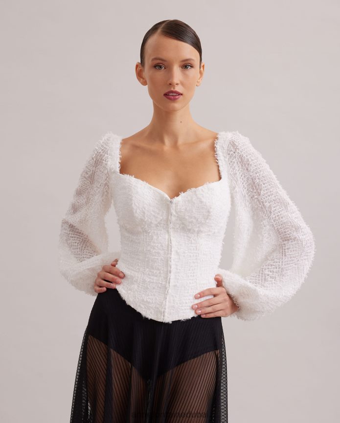 ملابس عبد اللطيف Anne Fontaine نحيف بلوزة ريشية بأكمام منفوخة وقميص على طراز الكورسيه أبيض T622DL219