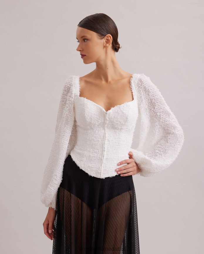 ملابس عبد اللطيف Anne Fontaine نحيف بلوزة ريشية بأكمام منفوخة وقميص على طراز الكورسيه أبيض T622DL219