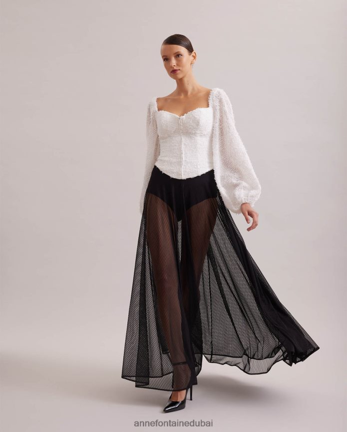 ملابس عبد اللطيف Anne Fontaine نحيف بلوزة ريشية بأكمام منفوخة وقميص على طراز الكورسيه أبيض T622DL219