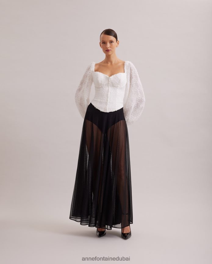 ملابس عبد اللطيف Anne Fontaine نحيف بلوزة ريشية بأكمام منفوخة وقميص على طراز الكورسيه أبيض T622DL219