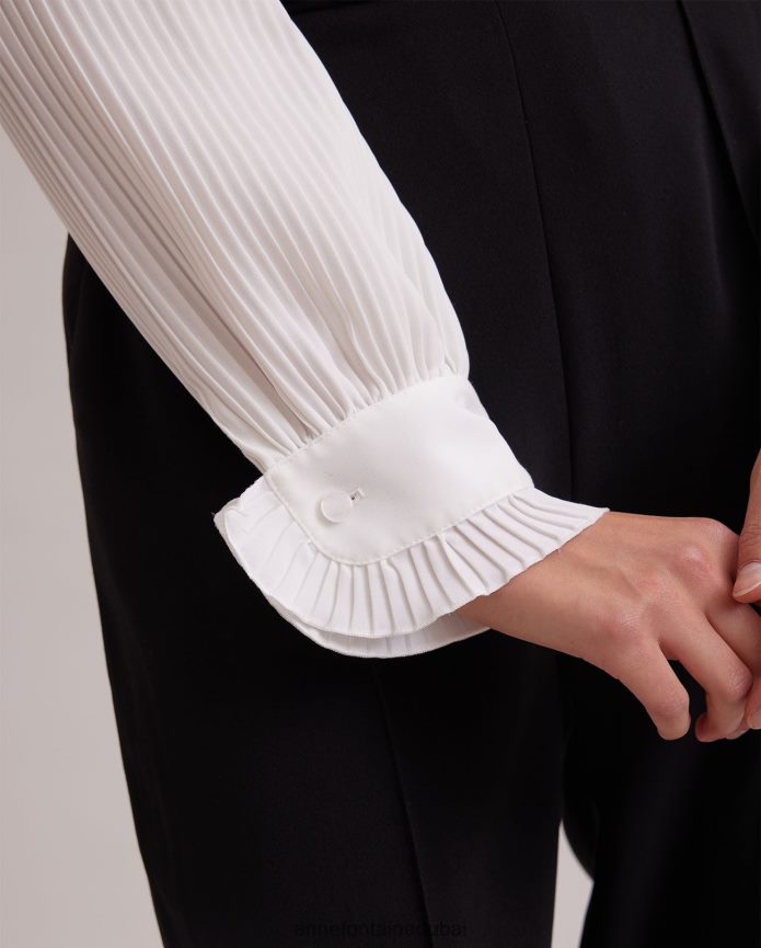 ملابس عبد اللطيف Anne Fontaine نحيف قميص نيني: قميص كريب انسيابي مع ياقة دائرية صغيرة مطوية وربطة عنق قابلة للإزالة أسود/أبيض T622DL220