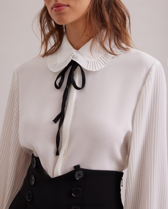 ملابس عبد اللطيف Anne Fontaine نحيف قميص نيني: قميص كريب انسيابي مع ياقة دائرية صغيرة مطوية وربطة عنق قابلة للإزالة أسود/أبيض T622DL220