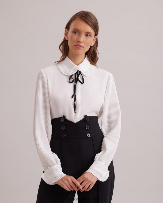 ملابس عبد اللطيف Anne Fontaine نحيف قميص نيني: قميص كريب انسيابي مع ياقة دائرية صغيرة مطوية وربطة عنق قابلة للإزالة أسود/أبيض T622DL220