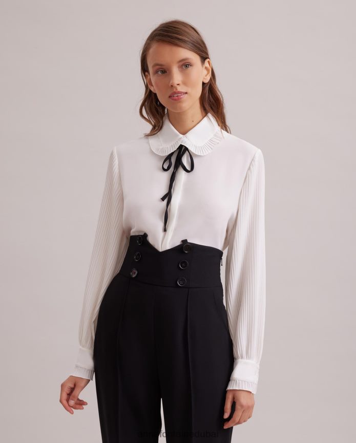 ملابس عبد اللطيف Anne Fontaine نحيف قميص نيني: قميص كريب انسيابي مع ياقة دائرية صغيرة مطوية وربطة عنق قابلة للإزالة أسود/أبيض T622DL220