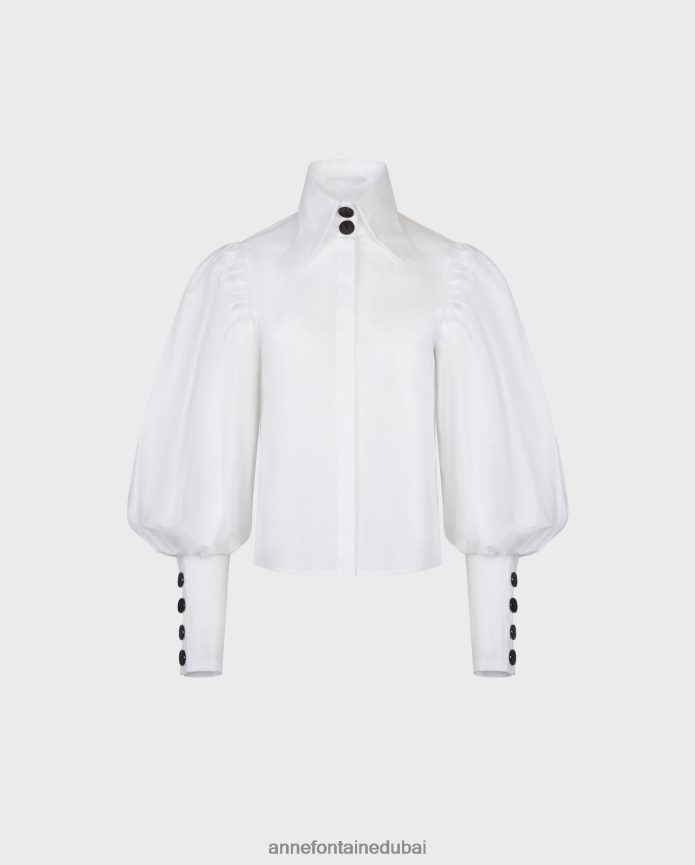 ملابس عبد اللطيف Anne Fontaine نحيف قميص نوهانت، قميص بوبلين يشبه الصندوق بأكمام بيشوب وتفاصيل أزرار أسود/أبيض T622DL221