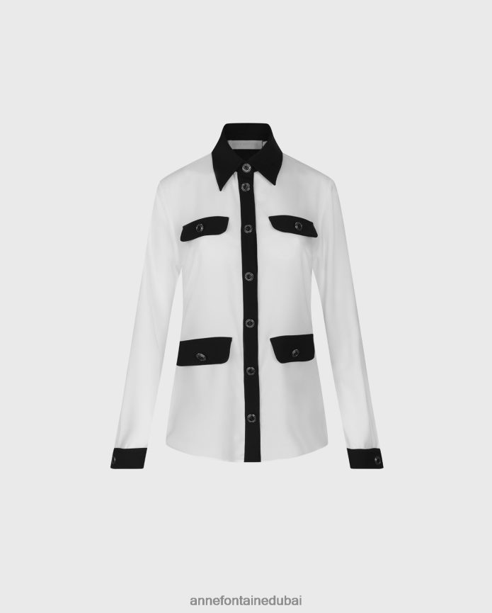 ملابس عبد اللطيف Anne Fontaine نحيف قميص ساندو قميص طويل الأكمام مع حواف متباينة وتفاصيل أزرار كبيرة أسود/أبيض T622DL222