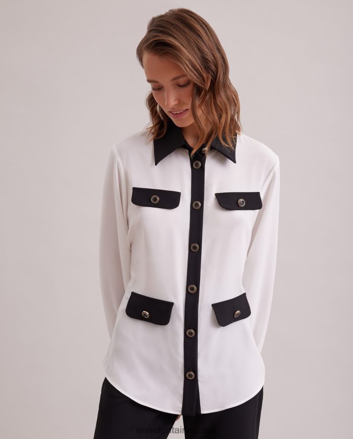 ملابس عبد اللطيف Anne Fontaine نحيف قميص ساندو قميص طويل الأكمام مع حواف متباينة وتفاصيل أزرار كبيرة أسود/أبيض T622DL222