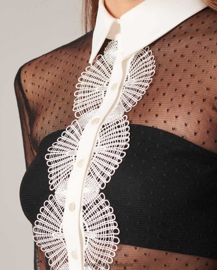 ملابس عبد اللطيف Anne Fontaine نحيف قميص ليوبولدين قميص غير مبطن مع أنماط النقاط الدبوسية أسود/أبيض T622DL225