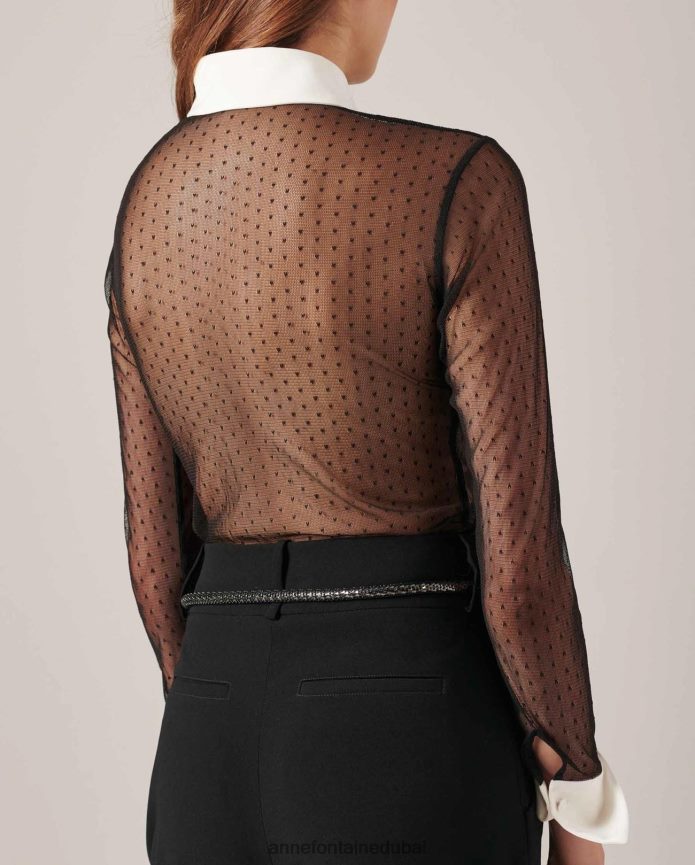 ملابس عبد اللطيف Anne Fontaine نحيف قميص ليوبولدين قميص غير مبطن مع أنماط النقاط الدبوسية أسود/أبيض T622DL225