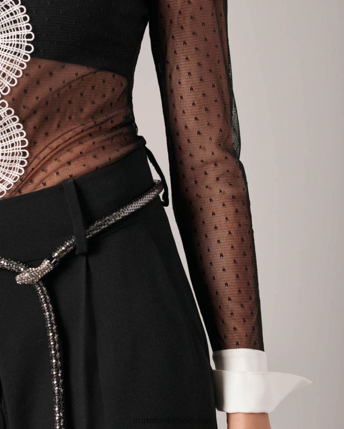 ملابس عبد اللطيف Anne Fontaine نحيف قميص ليوبولدين قميص غير مبطن مع أنماط النقاط الدبوسية أسود/أبيض T622DL225