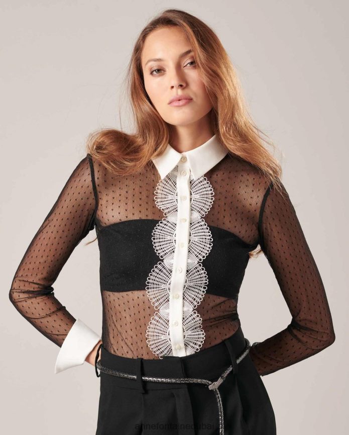 ملابس عبد اللطيف Anne Fontaine نحيف قميص ليوبولدين قميص غير مبطن مع أنماط النقاط الدبوسية أسود/أبيض T622DL225