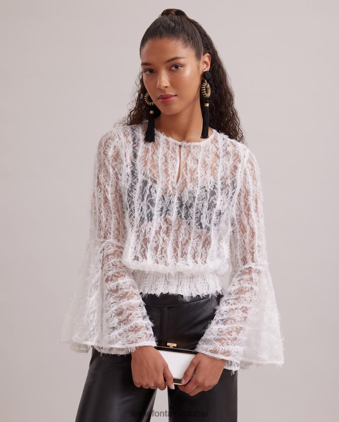 ملابس عبد اللطيف Anne Fontaine نحيف بلوزة فلوبير بلوزة شفافة بأكمام كبيرة الحجم أبيض T622DL226