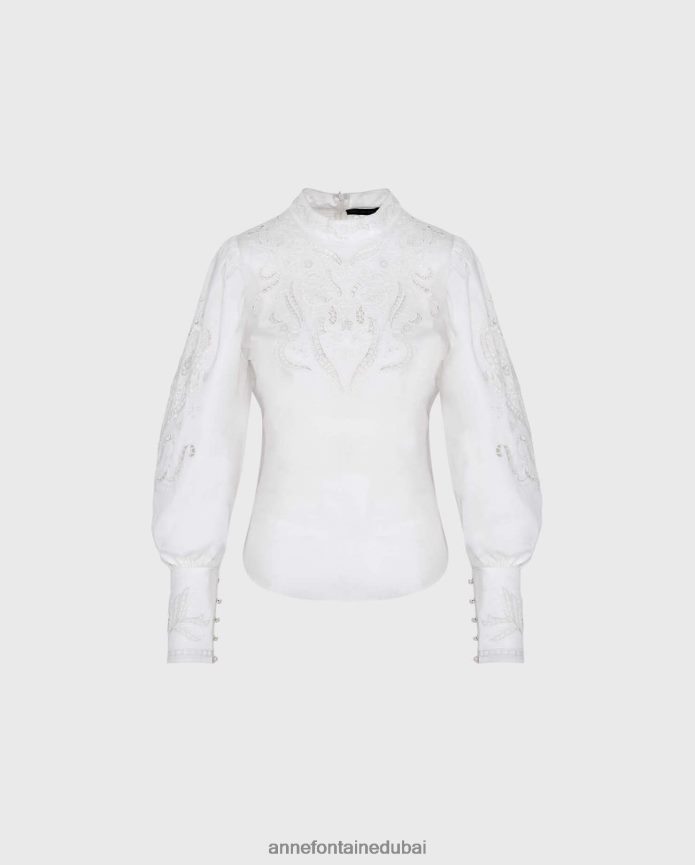 ملابس عبد اللطيف Anne Fontaine نحيف بلوزة سوكريه بلوزة مخرمة مطرزة بالقمر أبيض T622DL229