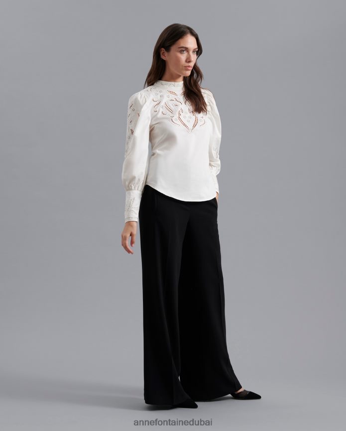 ملابس عبد اللطيف Anne Fontaine نحيف بلوزة سوكريه بلوزة مخرمة مطرزة بالقمر أبيض T622DL229