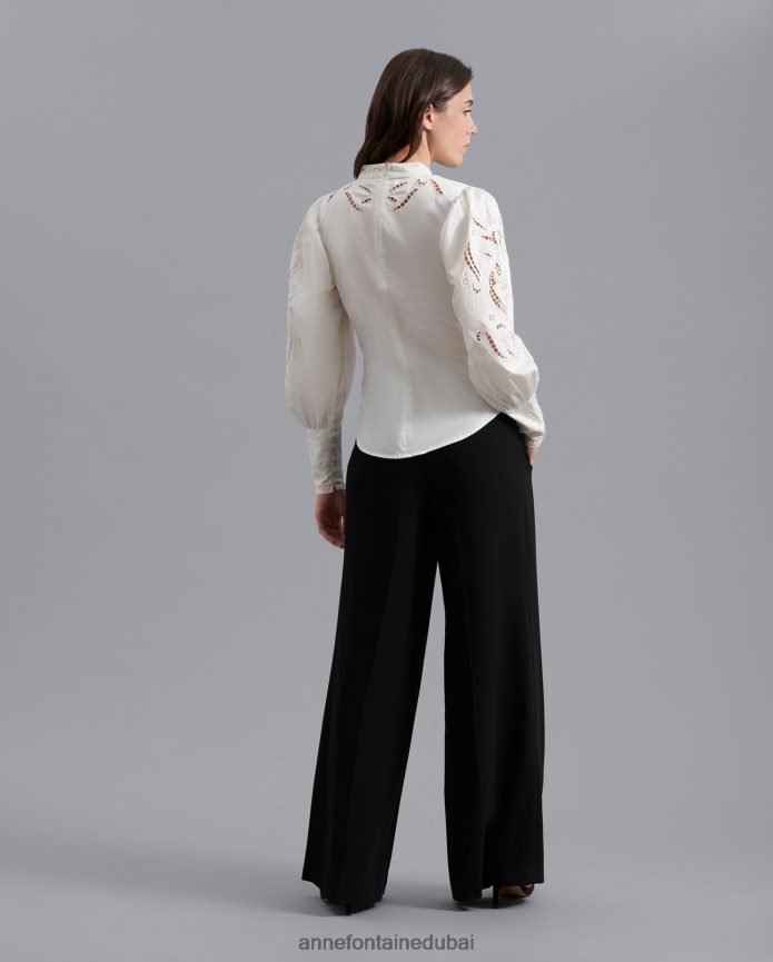 ملابس عبد اللطيف Anne Fontaine نحيف بلوزة سوكريه بلوزة مخرمة مطرزة بالقمر أبيض T622DL229