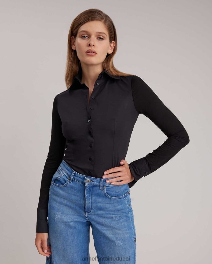 ملابس عبد اللطيف Anne Fontaine نحيف قميص أرمانتين قميص قطني بأكمام طويلة وأزرار سفلية أسود T622DL232