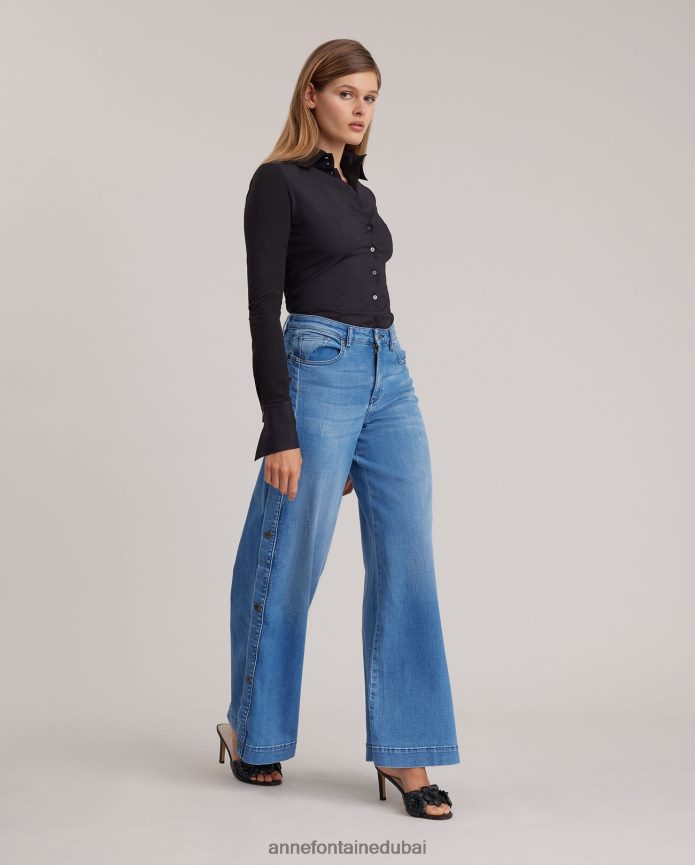 ملابس عبد اللطيف Anne Fontaine نحيف قميص أرمانتين قميص قطني بأكمام طويلة وأزرار سفلية أسود T622DL232