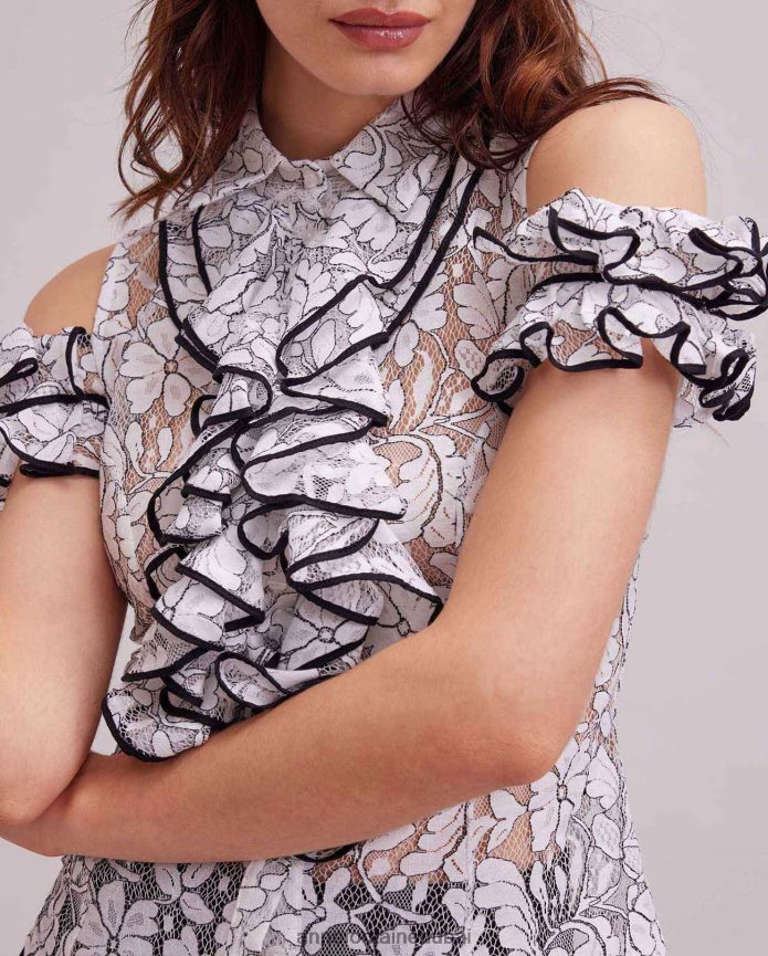 ملابس عبد اللطيف Anne Fontaine نحيف قميص روك من الدانتيل بأكتاف مكشوفة مع زخرفة متباينة وتفاصيل مكشكشة أسود/أبيض T622DL236