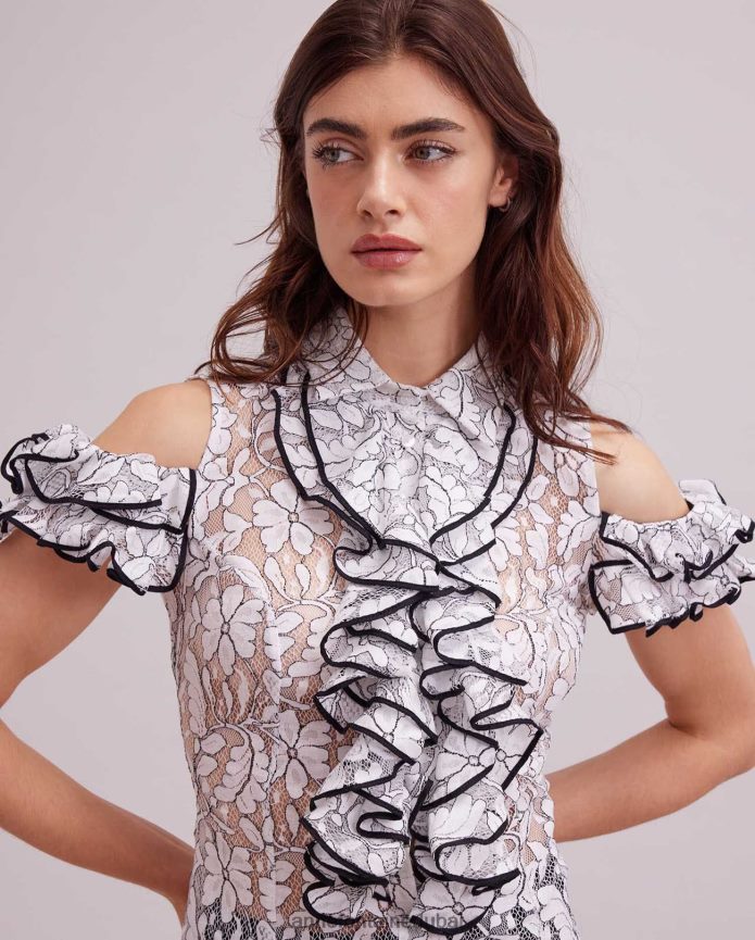 ملابس عبد اللطيف Anne Fontaine نحيف قميص روك من الدانتيل بأكتاف مكشوفة مع زخرفة متباينة وتفاصيل مكشكشة أسود/أبيض T622DL236