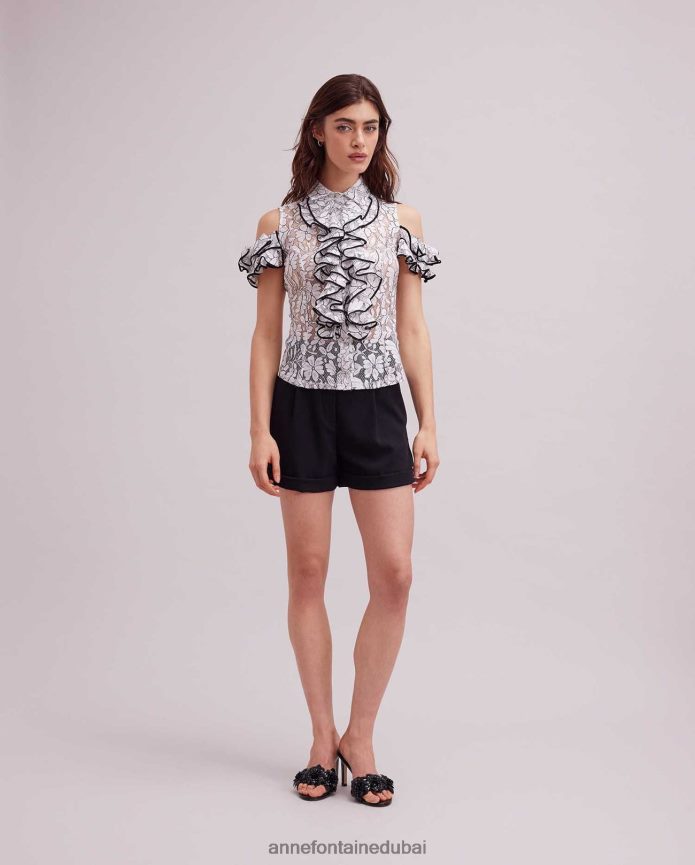 ملابس عبد اللطيف Anne Fontaine نحيف قميص روك من الدانتيل بأكتاف مكشوفة مع زخرفة متباينة وتفاصيل مكشكشة أسود/أبيض T622DL236